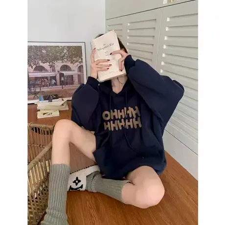 藏蓝色加绒重磅卫衣女2025冬季秋季新款宽松连帽oversize长袖上衣商品大图