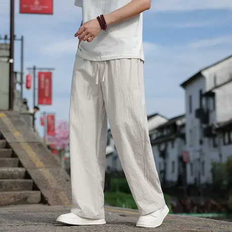 秋季男休闲裤棉麻面料宽松加肥加大码胖简约纯色复古透气清凉长裤商品大图
