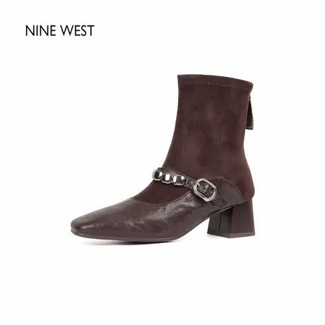 奥莱专供Nine West/玖熙靴子弹力拼接短靴牛皮靴袜女鞋短筒女靴图片