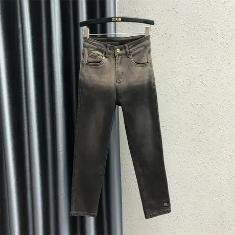 2023秋季新款渐变色高腰牛仔裤女复古修身显瘦弹力直筒裤烟管裤潮图片