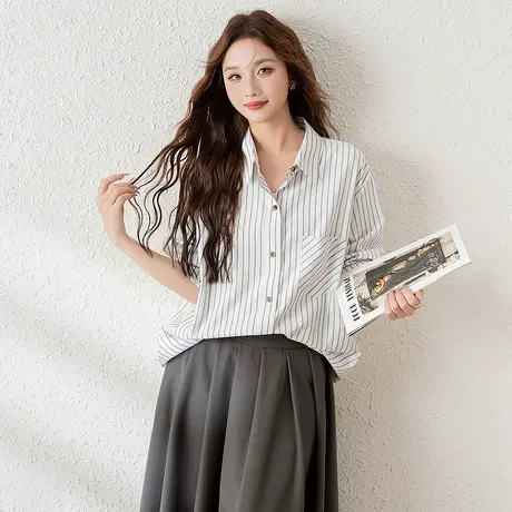 唐狮秋季长袖衬衫女白色条纹衬衫设计气质通勤风高级感上衣BLtu图片