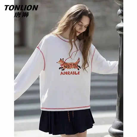 唐狮官方宽松长袖t恤女2026春秋新款女士休闲圆领套头外套上衣VB图片