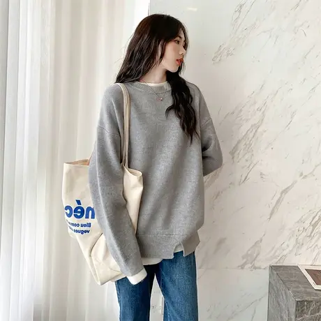 唐狮秋冬新款毛衣女超好看假两件圆领套头毛衣v领蓝色早秋穿搭TD图片