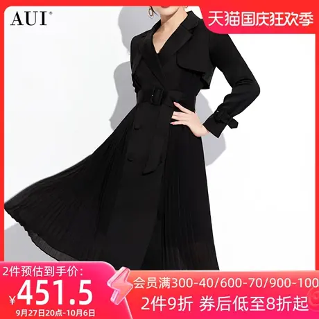 AUI黑色设计感气质风衣女2023春秋新款欧货中长款拼接雪纺外套裙图片