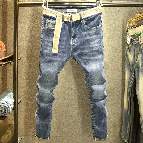 秋冬款高端品质牛仔裤男款修身小脚裤潮流时尚弹力印花休闲裤子男图片