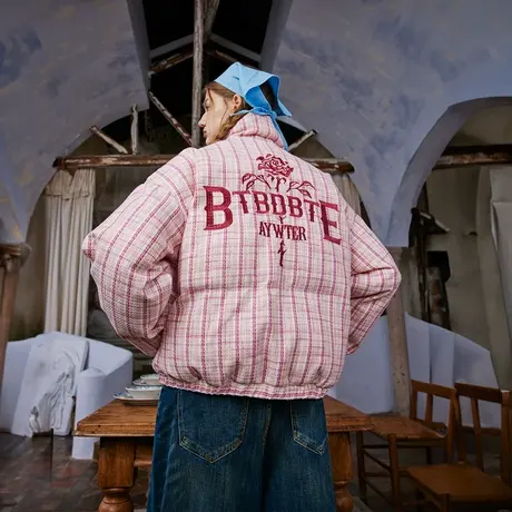 美式辣妹短款格子棉服女2023新款冬季加厚外套复古宽松面包服棉衣商品大图