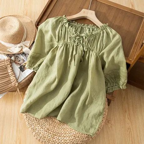 享永子短袖苎麻上衣女夏文艺复古棉麻T恤宽松设计感小众2023新款图片