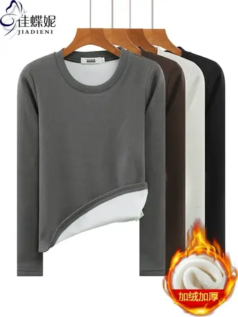 秋冬新款圆领纯色修身简约加绒加厚发热长袖体恤上衣内搭女打底衫商品大图