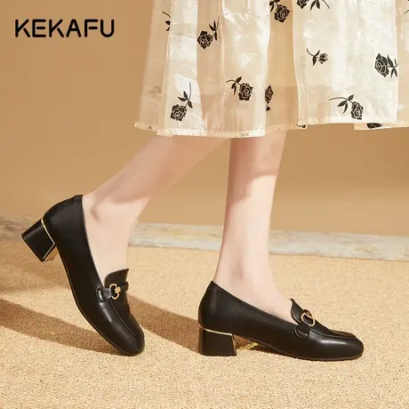 珂卡芙黑色小皮鞋方头粗跟单鞋女2023新款秋季通勤女鞋软皮乐福鞋商品大图