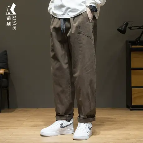 希越纯棉休闲裤男士秋冬设计感拼接工装裤宽松大码咖色直筒长裤子商品大图