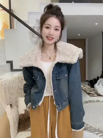 冬季加绒牛仔韩版毛领加绒加厚时尚百搭宽松显瘦短款仿羊羔毛外套商品大图