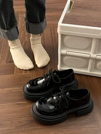 英伦风粗跟小皮鞋2023秋季新款黑色复古厚底增高休闲韩式系带单鞋商品大图