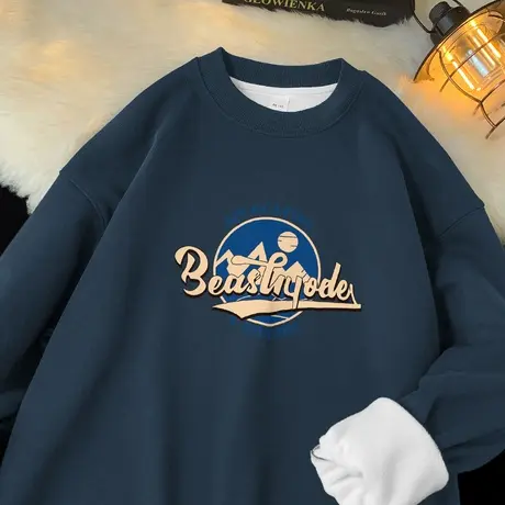 450g美式重磅卫衣男秋冬款2023新款摇粒绒加厚圆领打底衫长袖t恤商品大图