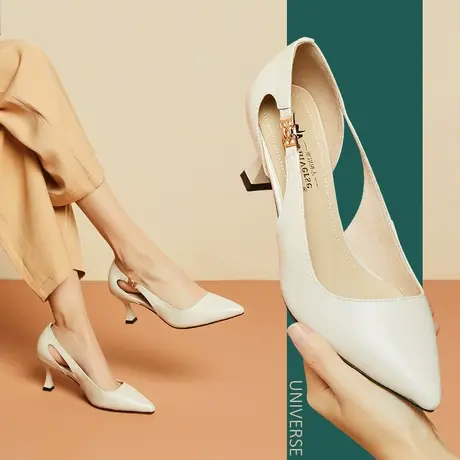 春季新款纯色真皮高跟鞋尖头马蹄跟单鞋女浅口镂空牛皮套脚鞋图片