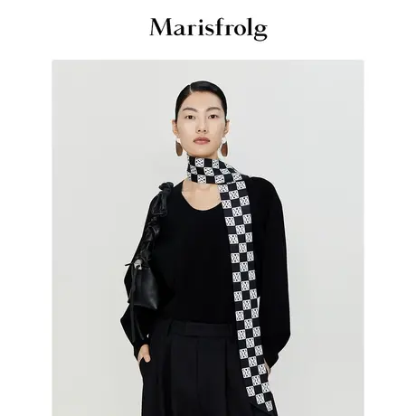 【休闲百搭系列】玛丝菲尔春季新款黑色罗纹圆领宽松针织衫商品大图