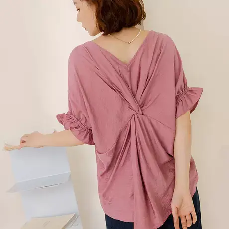 桔熊春夏浪漫甜美V领荷叶边泡泡袖后背扭结修身上衣女大码AB18189商品大图