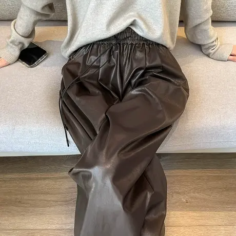 阔腿PU皮裤女春秋新款高腰宽松高级感垂感抽绳松紧腰直筒休闲裤子商品大图