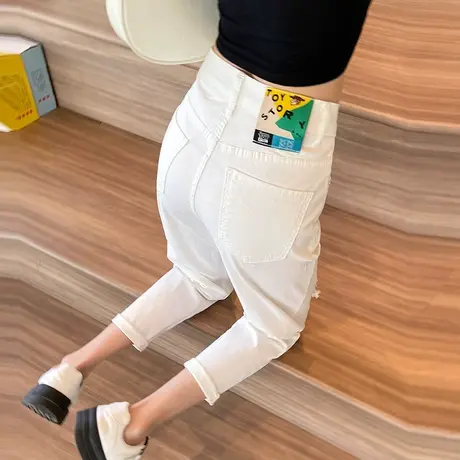 白色直筒破洞牛仔裤女九分2024年春秋新款薄款老爹裤子宽松哈伦裤商品大图
