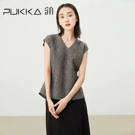 蒲PUKKA 亚麻衬衫女年夏装新品宽松休闲显瘦V领设计感上衣图片