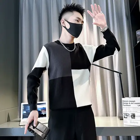 秋冬季撞色拼接设计感套头毛衣男2023新款潮牌休闲加厚内搭针织衫商品大图