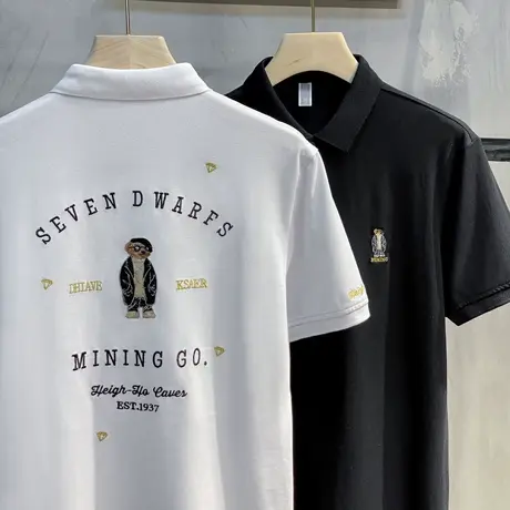 丝光polo衫男短袖高端小熊刺绣t恤男士潮牌翻领港风黑白大码夏季商品大图