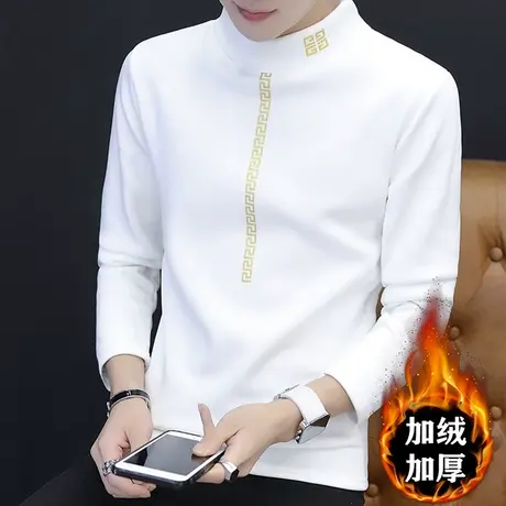 半高领长袖t恤男士保暖上衣秋冬加绒加厚学生卫衣韩版潮流打底衫商品大图