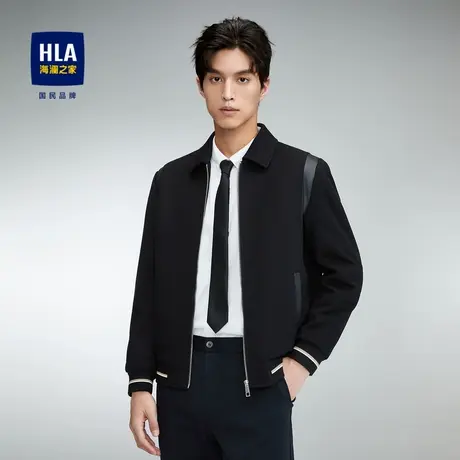 HLA/海澜之家经典翻领夹克2023秋冬新款纯色仿丝棉镶拼pu皮外套男图片