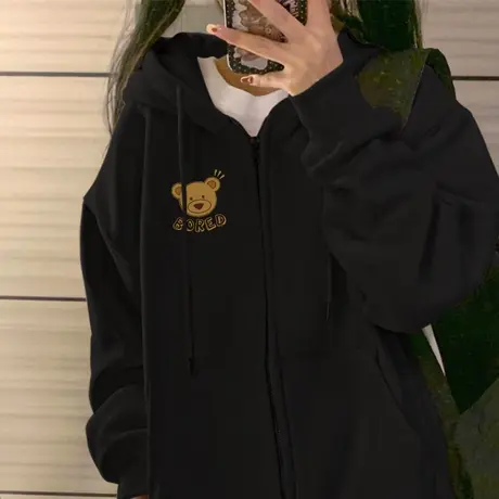 2023新款春秋美式复古oversize卫衣外套女秋冬季小熊拉链开衫上衣图片