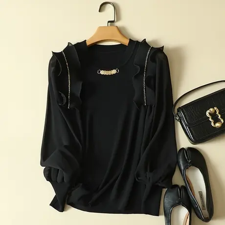 雪纺袖冰丝针织衫女春装2024年新款长袖百搭上衣洋气蕾丝打底衫女图片