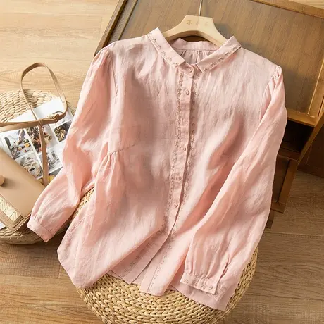 享永子苎麻衬衫女文艺复古棉麻上衣宽松显瘦刺绣衬衣2024春季新款商品大图