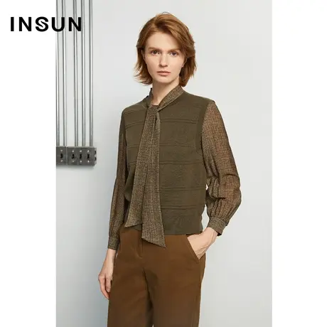 INSUN恩裳冬季飘带格纹假两件毛针织衫商品大图