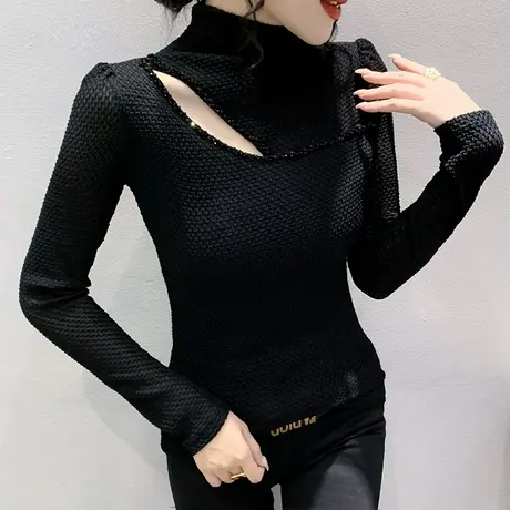 欧货性感蕾丝上衣女士2024春秋新款半高领打底衫内搭镂空T恤长袖商品大图