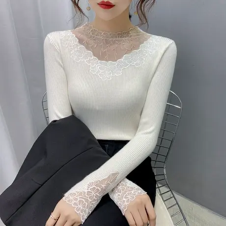 2021新款打底衫女蕾丝长袖秋冬黑色针织衫上衣女修身紧身内搭毛衣图片