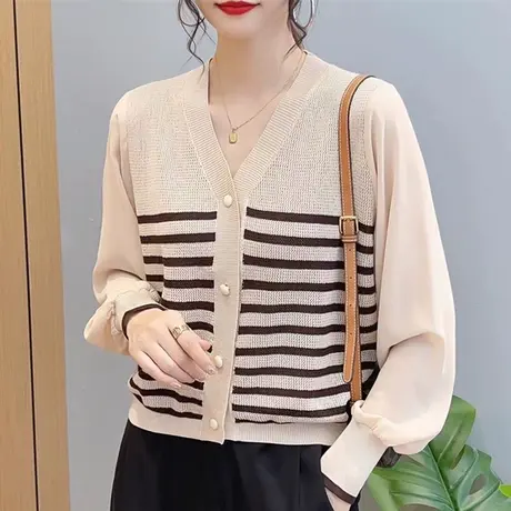 V领雪纺长袖针织开衫上衣时尚复古风条纹外穿毛衣女2024春款薄款图片