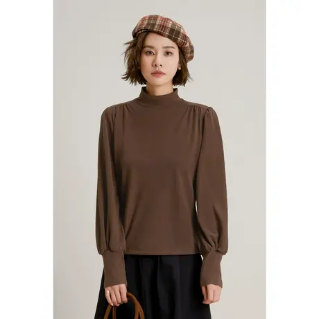 弥古咖色半高领针织打底衫女春秋外穿内搭法式泡泡袖美拉德上衣商品大图