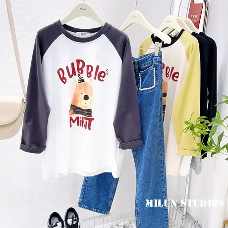 韩国东大门长袖上衣2023早春新款ins甜美小熊插肩袖T恤打底衫大码商品大图