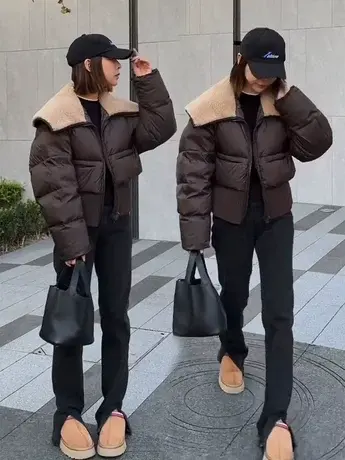 欧洲站美拉德披肩翻领长袖羽绒服外套纯色拉链2023冬季白鸭绒上衣图片