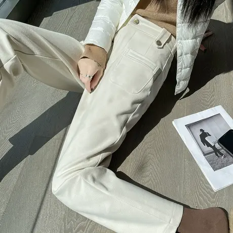 毛呢裤女直筒宽松高腰2023秋冬新款小个子九分休闲米白色烟管裤子图片