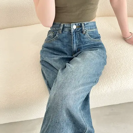 复古蓝高腰窄版阔腿牛仔裤女春秋新款2023年小个子垂感直筒拖地裤商品大图