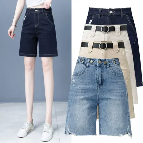 高腰牛仔阔腿短裤女夏季2024年新款宽松休闲直筒大码四五分裤子商品大图