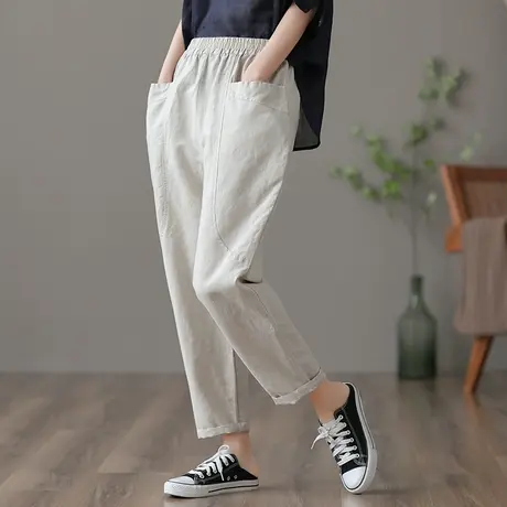 dza 高腰显瘦白色阔腿亚麻裤子女士夏季薄款宽松九分裤直筒棉麻裤图片