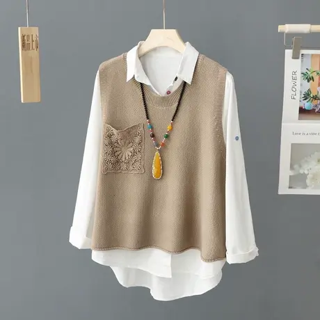 文艺女士马甲春秋外穿圆领套头毛衣针织毛线背心短款宽松坎肩马夹商品大图