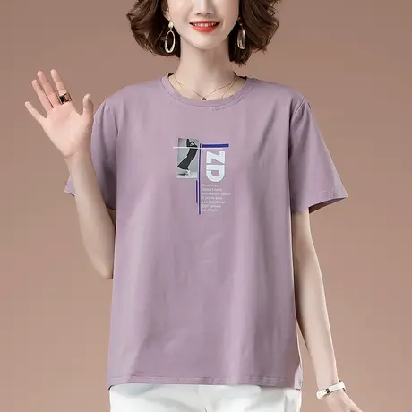 短袖t恤女夏季加肥加大码女装宽松百搭全棉印花遮肚显瘦半袖体恤商品大图