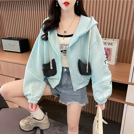 早秋连帽卫衣女2023新款春秋韩版宽松薄款百搭小个子短款开衫外套图片
