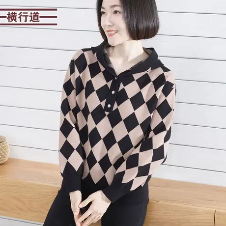 2024春季新款连帽上衣格子针织衫宽松大码胖MM妈妈长袖毛衣女外穿商品大图