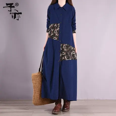 子亦2023早春新款格子宽松拼接单排扣大码长袖衬衫裙图片