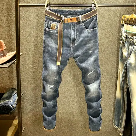 蓝色破洞牛仔裤男潮牌修身小脚裤男士新款高街潮流百搭水洗弹力裤商品大图