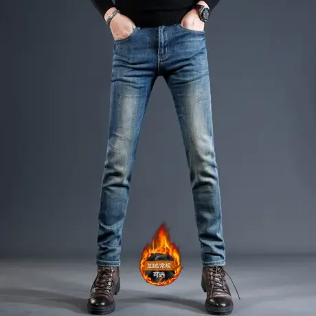 高端复古蓝色加绒牛仔裤男款修身小脚秋冬款弹力加厚休闲男士裤子图片