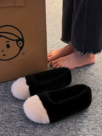 网红拼色毛毛鞋女秋冬外穿2023新款加绒豆豆鞋平底一脚蹬棉瓢鞋子商品大图