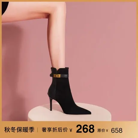 熙漫2023秋冬新款黑色瘦瘦短靴尖头细跟高跟靴设计感拼接短筒女靴图片